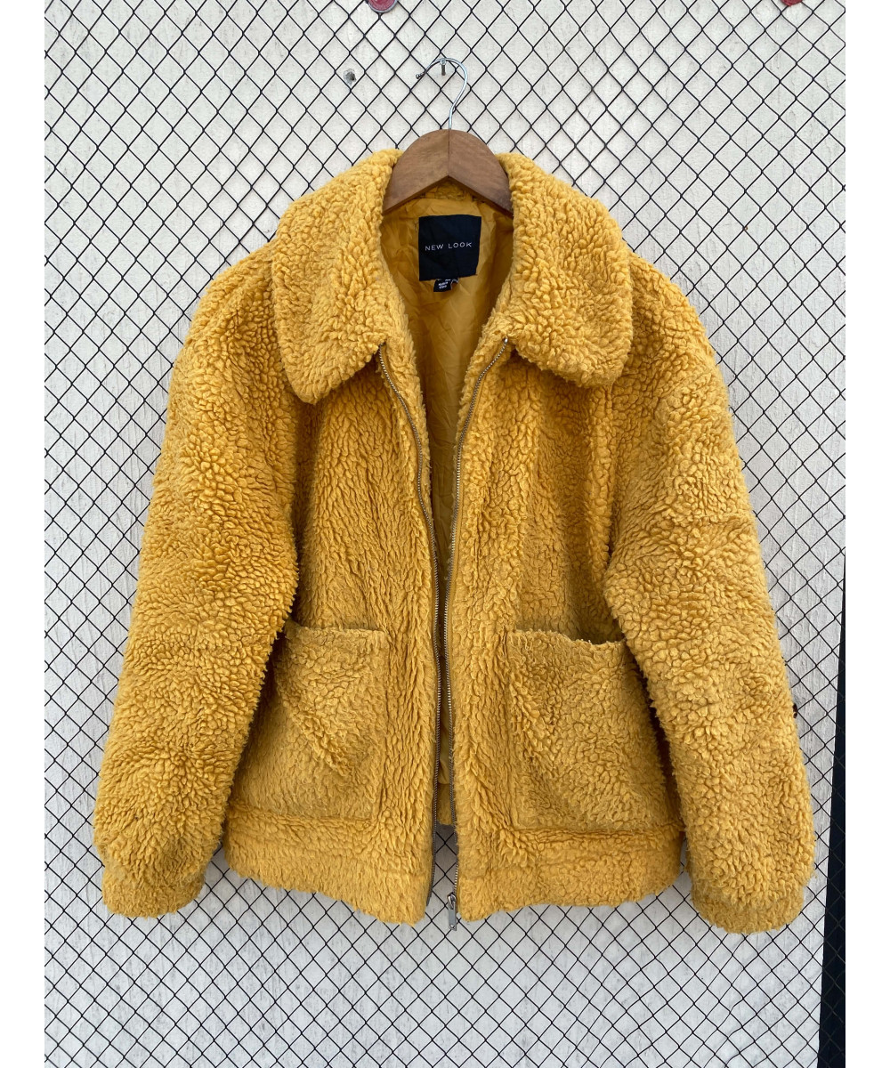 Mustard yellow-colored, teddy, zipper jacket