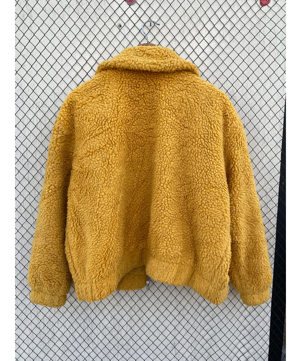 Mustard yellow-colored, teddy, zipper jacket