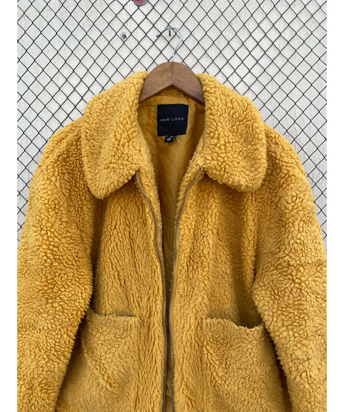 Mustard yellow-colored, teddy, zipper jacket
