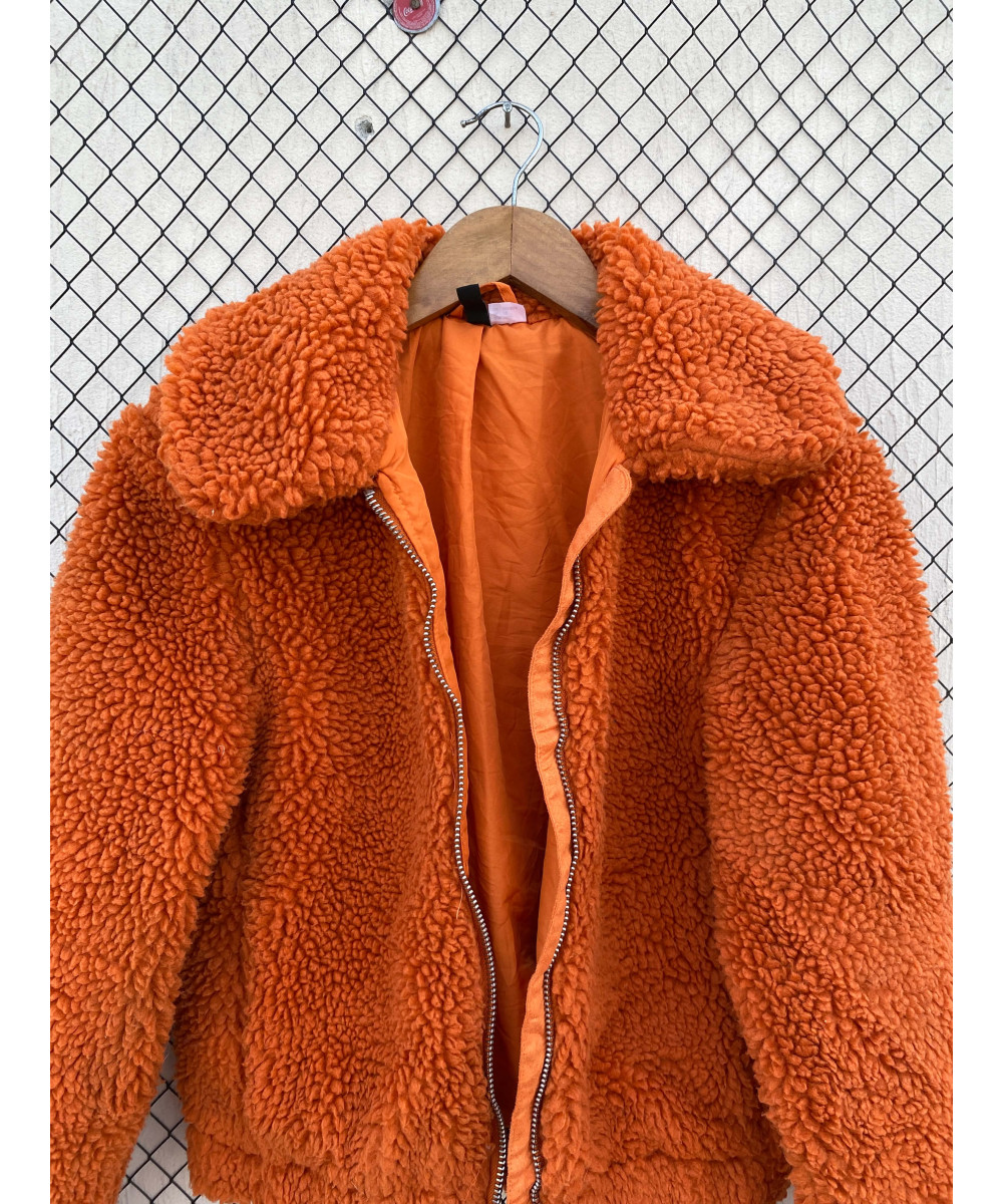 Orange-colored, crop, teddy, zipper jacket