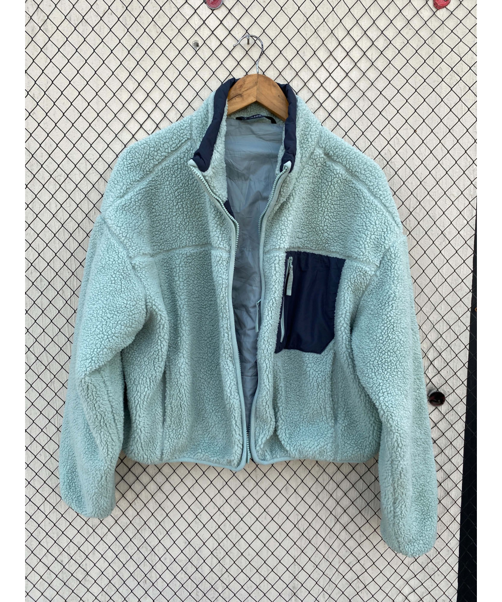 Mint green-colored, oversized, teddy, zipper jacket
