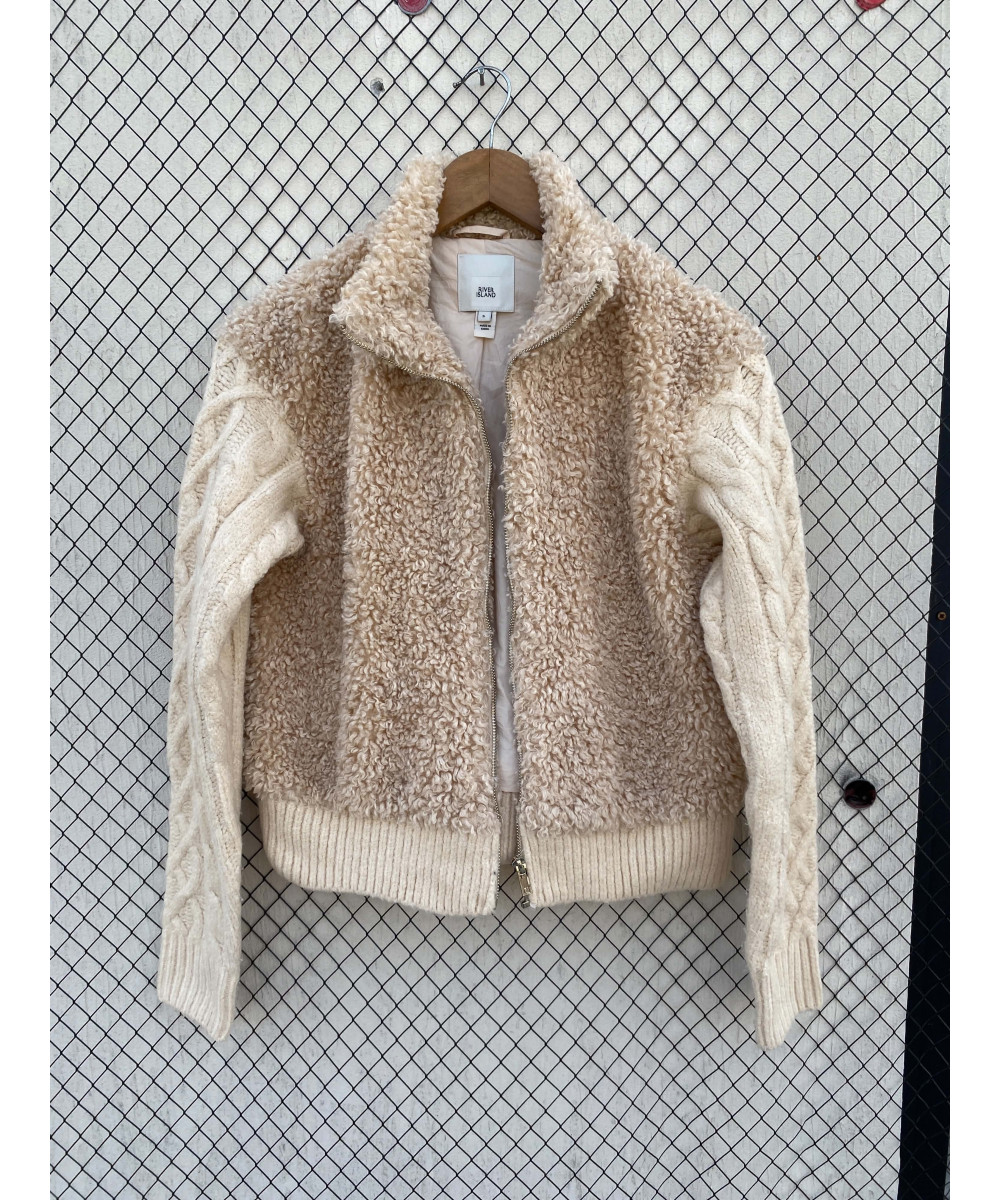 Beige, faux fur, zipper jacket with knitted sleeves