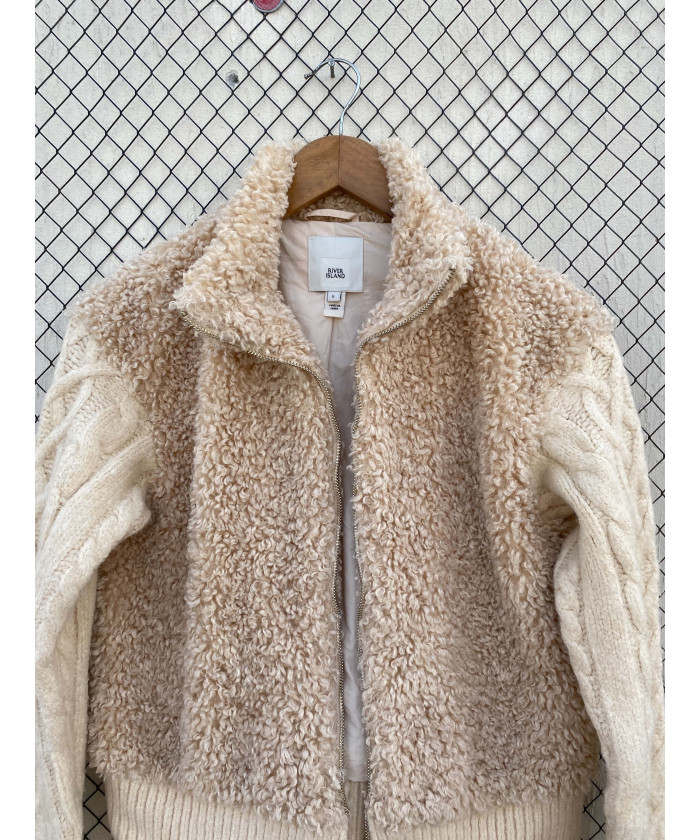 Beige, faux fur, zipper jacket with knitted sleeves