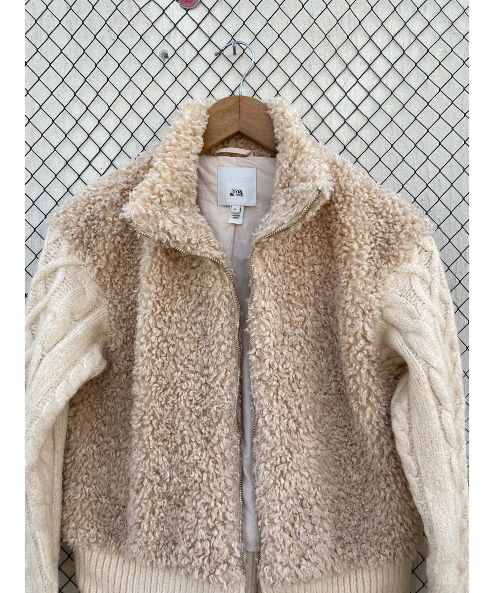 Beige, faux fur, zipper jacket with knitted sleeves