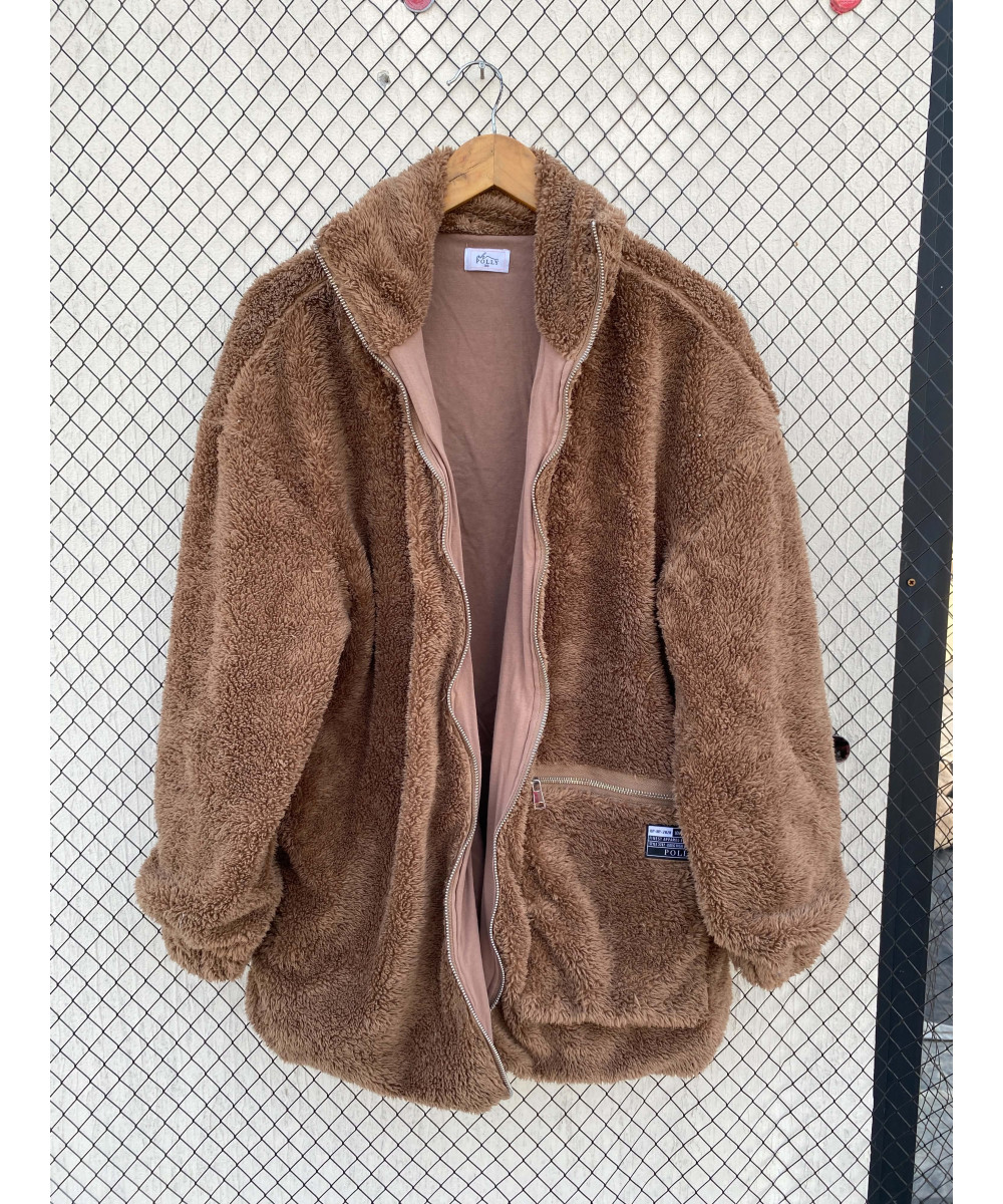 Brown, oversized, teddy, zipper jacket