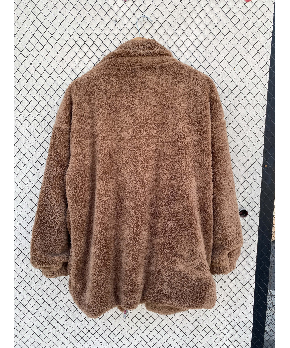 Brown, oversized, teddy, zipper jacket