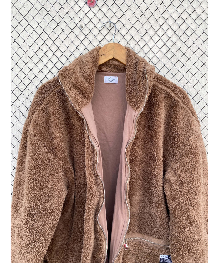 Brown, oversized, teddy, zipper jacket