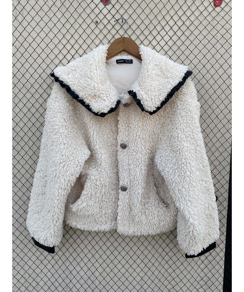 Off-white colored, teddy, button-up jacket