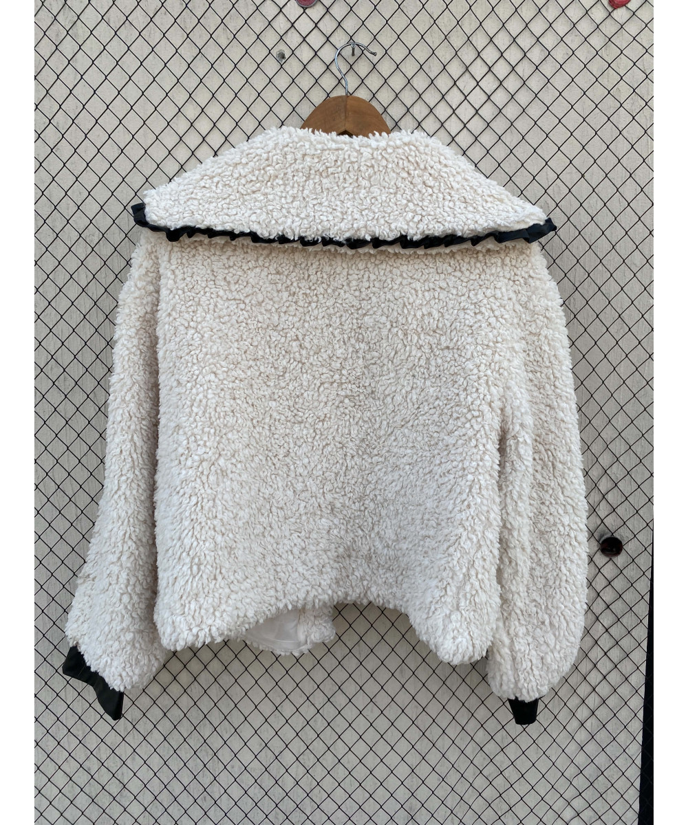 Off-white colored, teddy, button-up jacket
