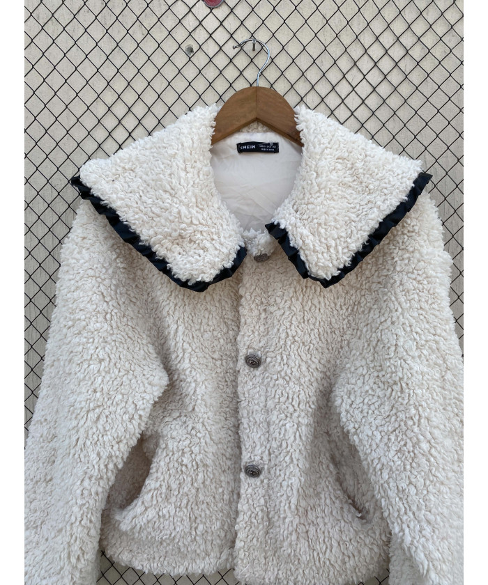 Off-white colored, teddy, button-up jacket