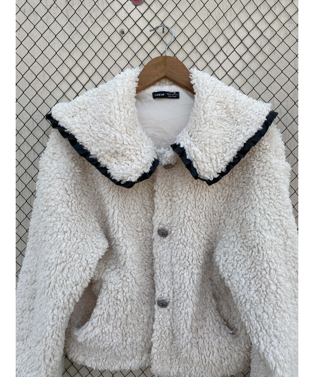Off-white colored, teddy, button-up jacket