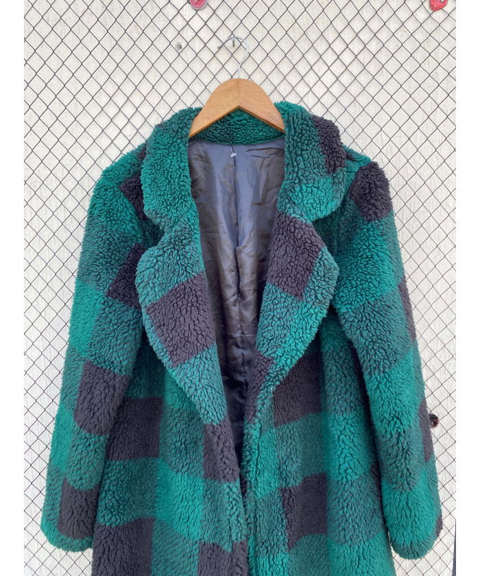 Green, checkered, long, teddy coat