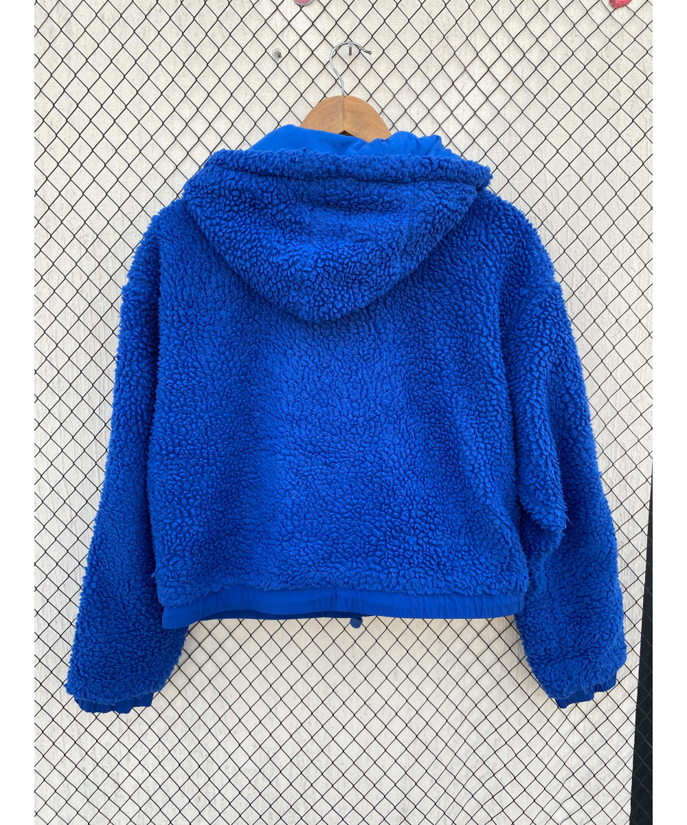 Electric blue-colored, crop, teddy, hooded pullover