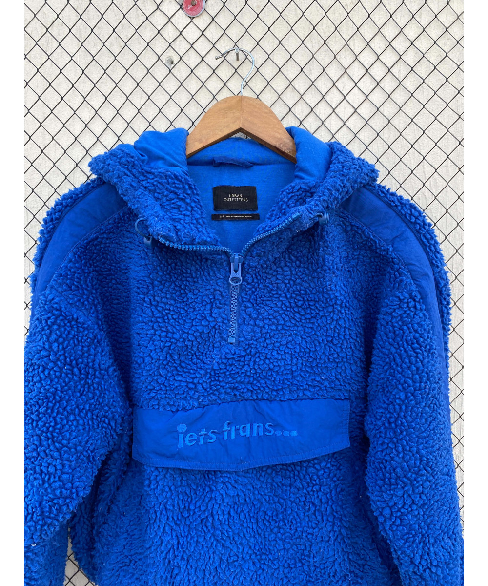 Electric blue-colored, crop, teddy, hooded pullover