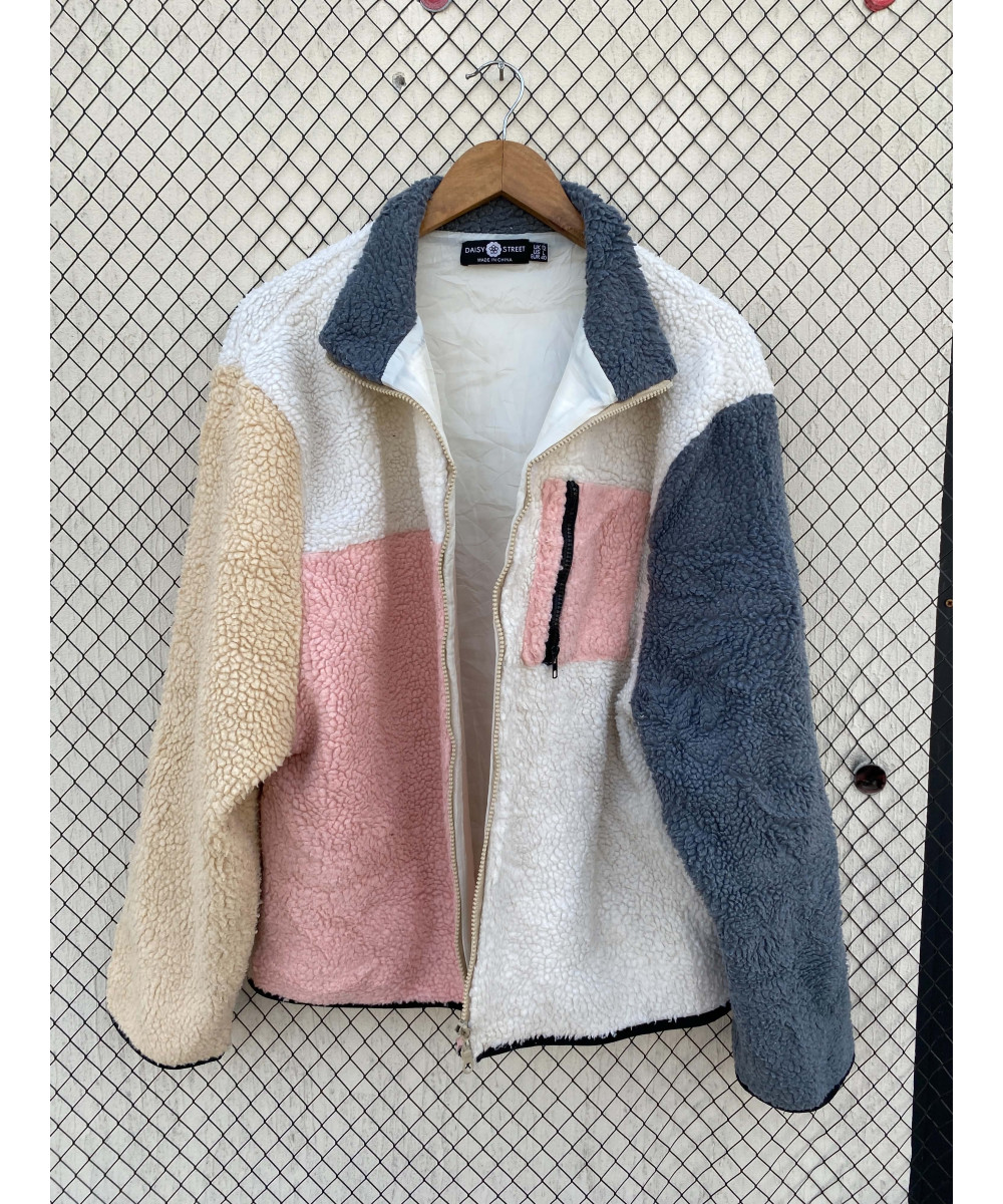 Tri-colored, teddy, zipper jacket