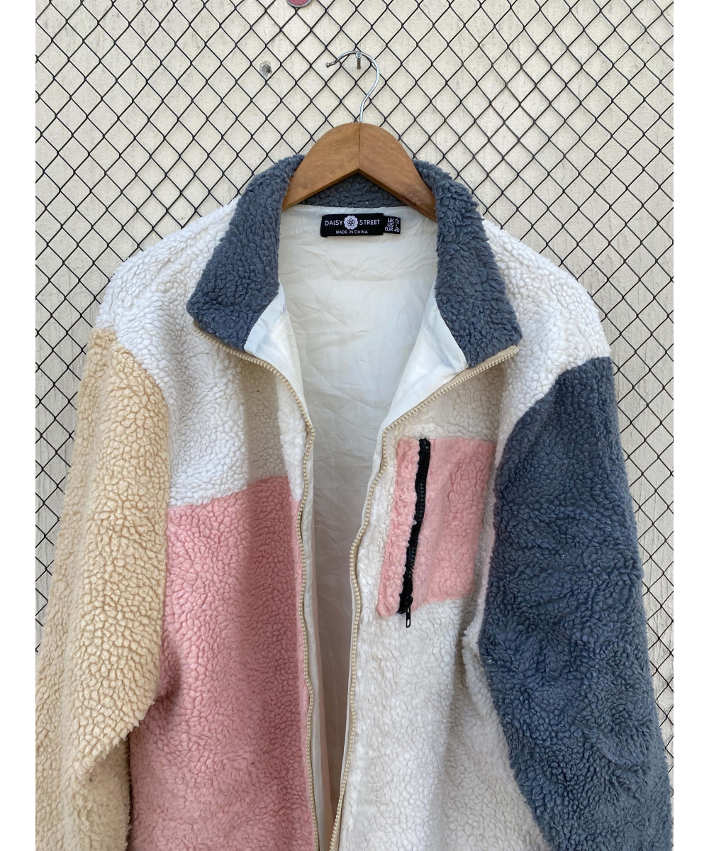 Tri-colored, teddy, zipper jacket