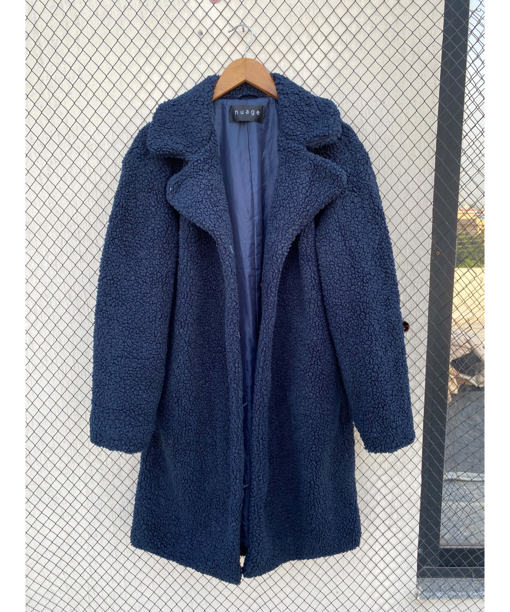 Navy blue-colored, long, teddy coat
