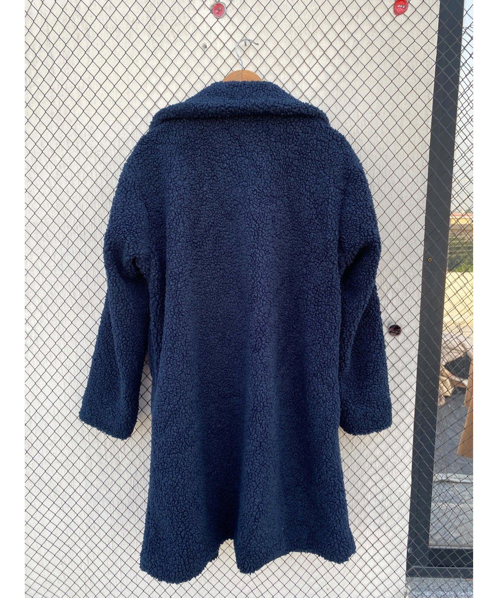 Navy blue-colored, long, teddy coat