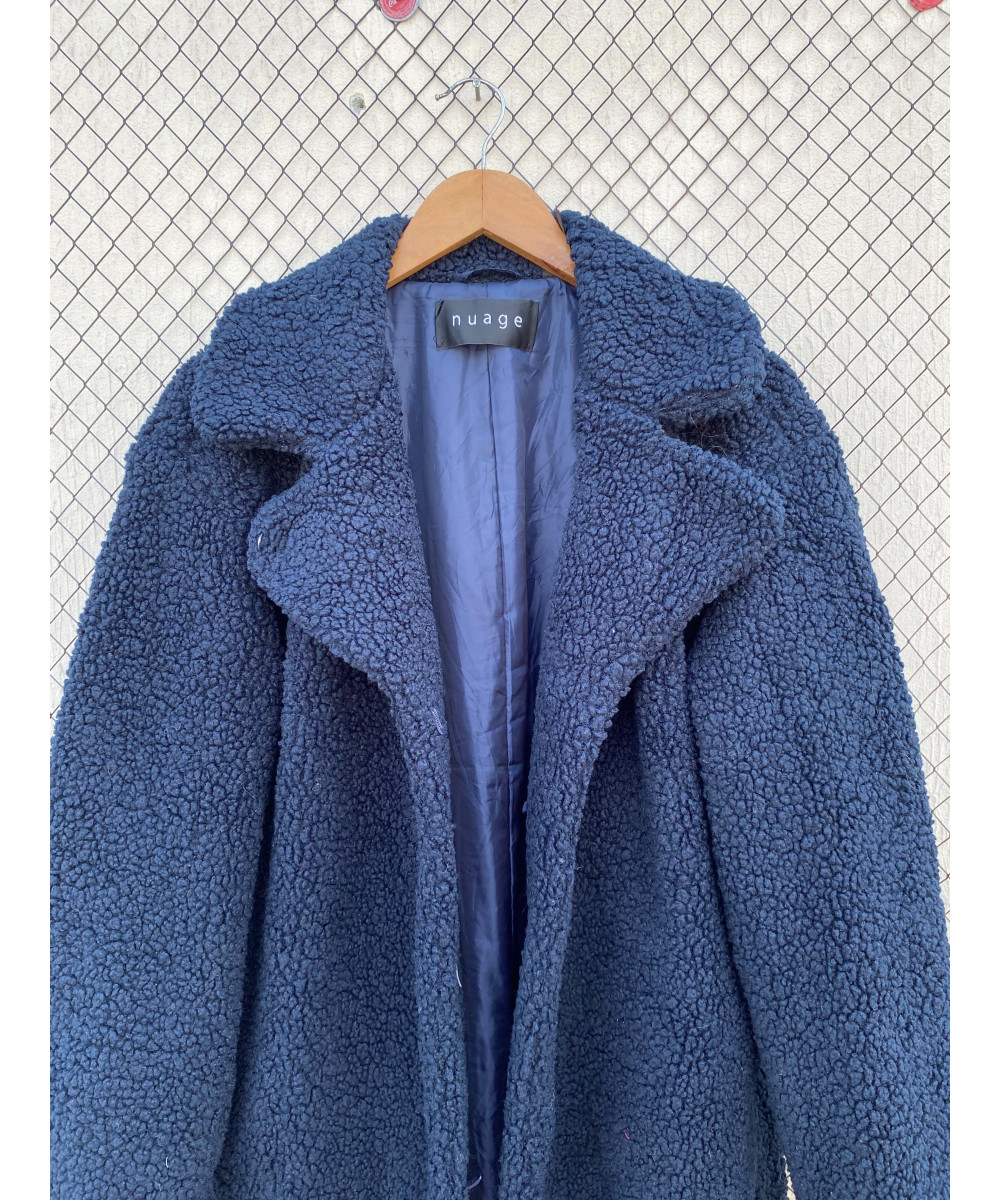 Navy blue-colored, long, teddy coat