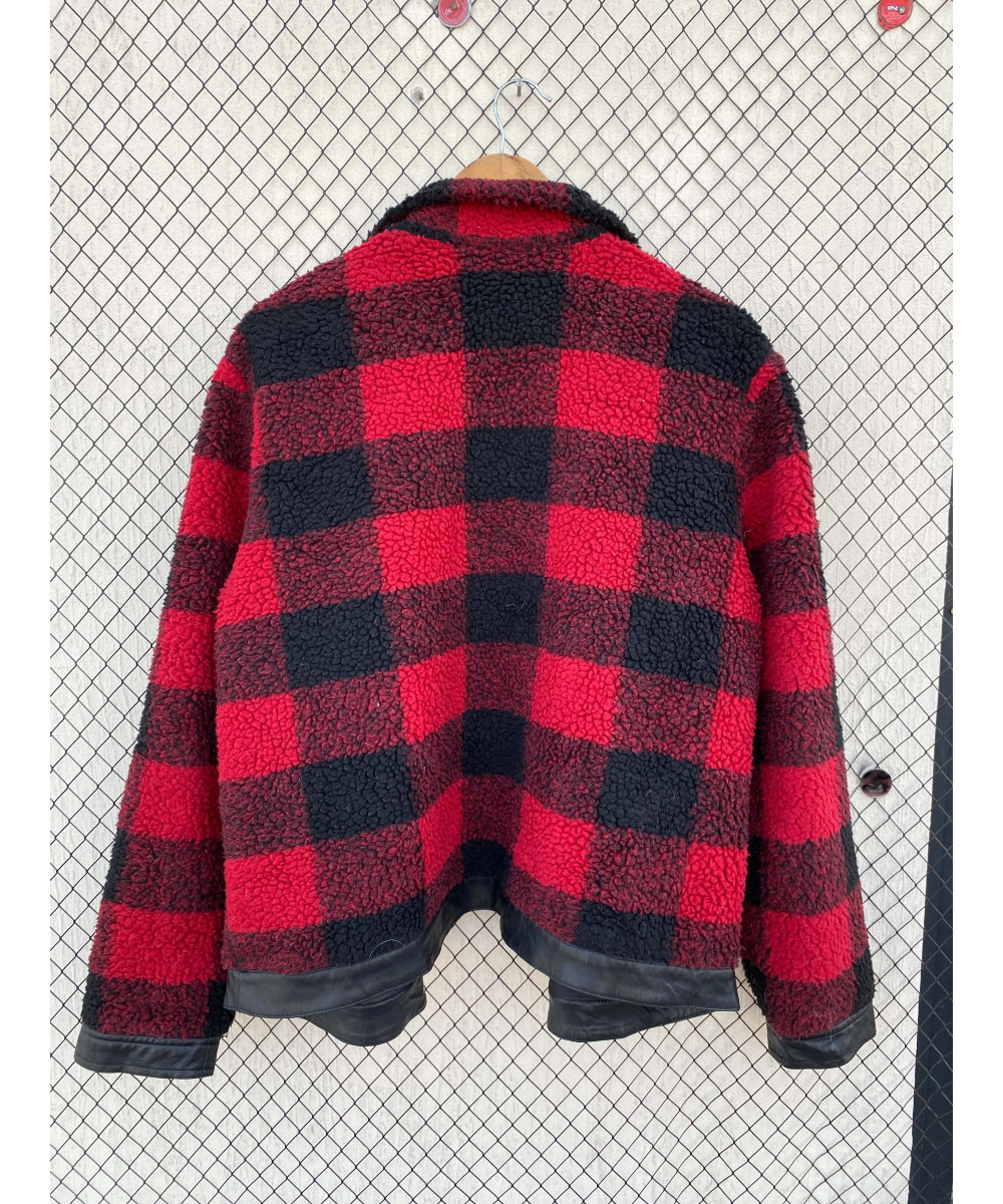 Red, checkered, teddy, zipper jacket
