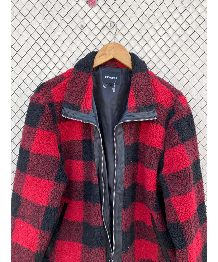 Red, checkered, teddy, zipper jacket