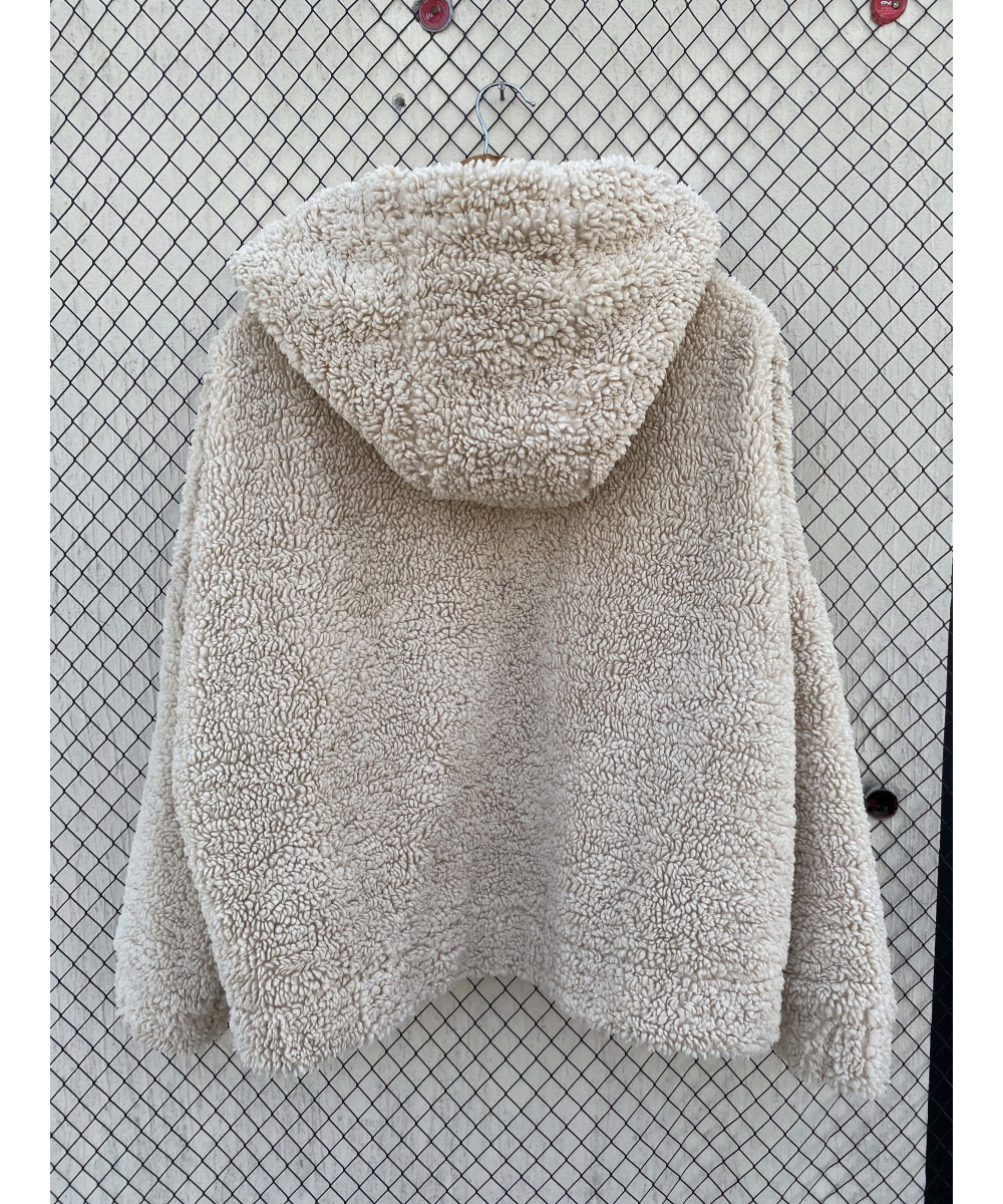 Beige, teddy, hooded, zipper jacket