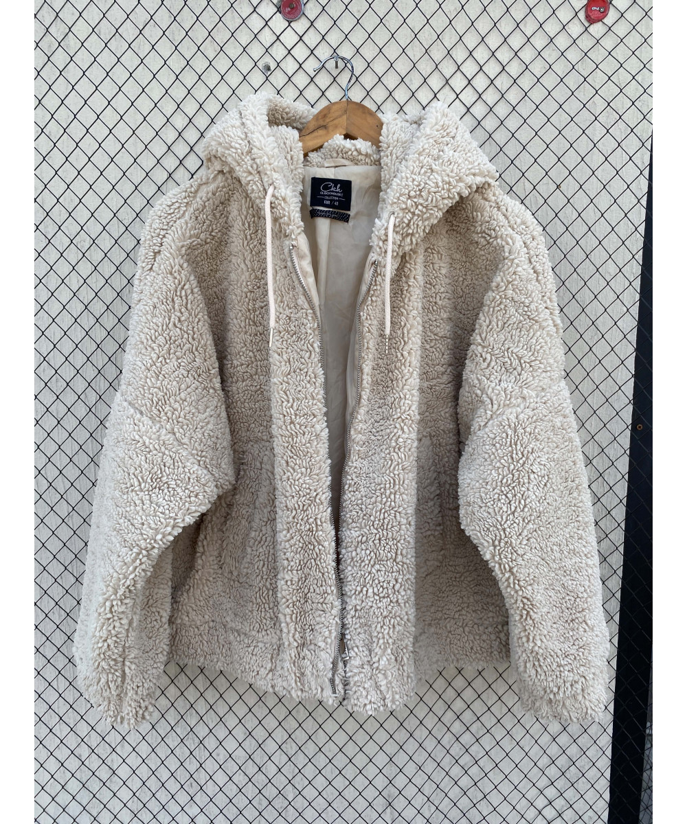 Beige, teddy, hooded, zipper jacket