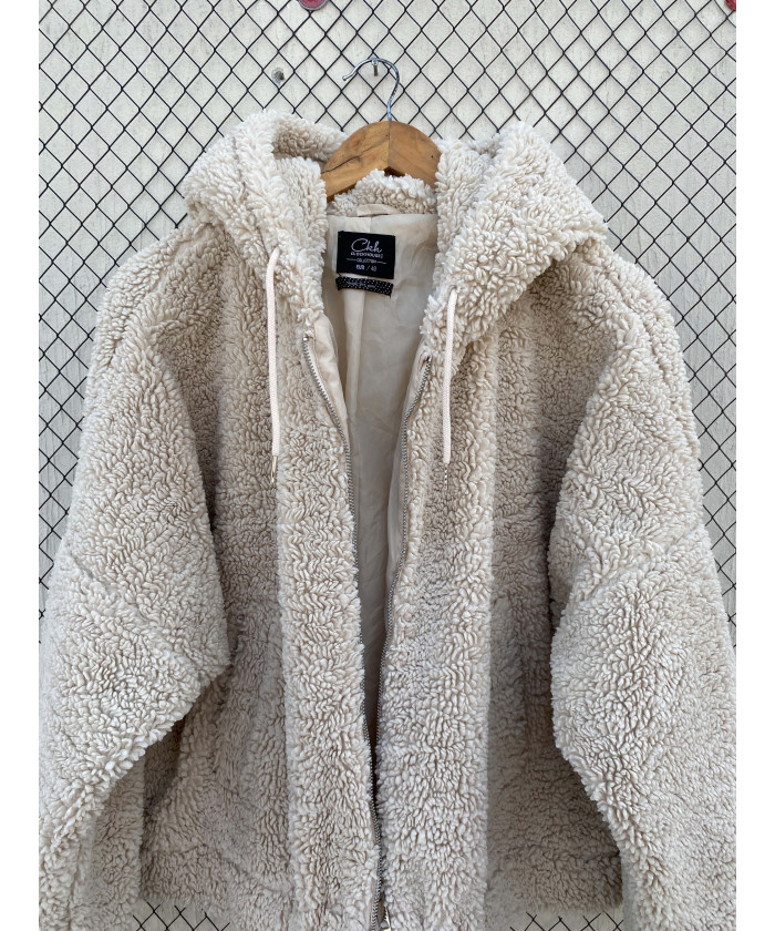 Beige, teddy, hooded, zipper jacket