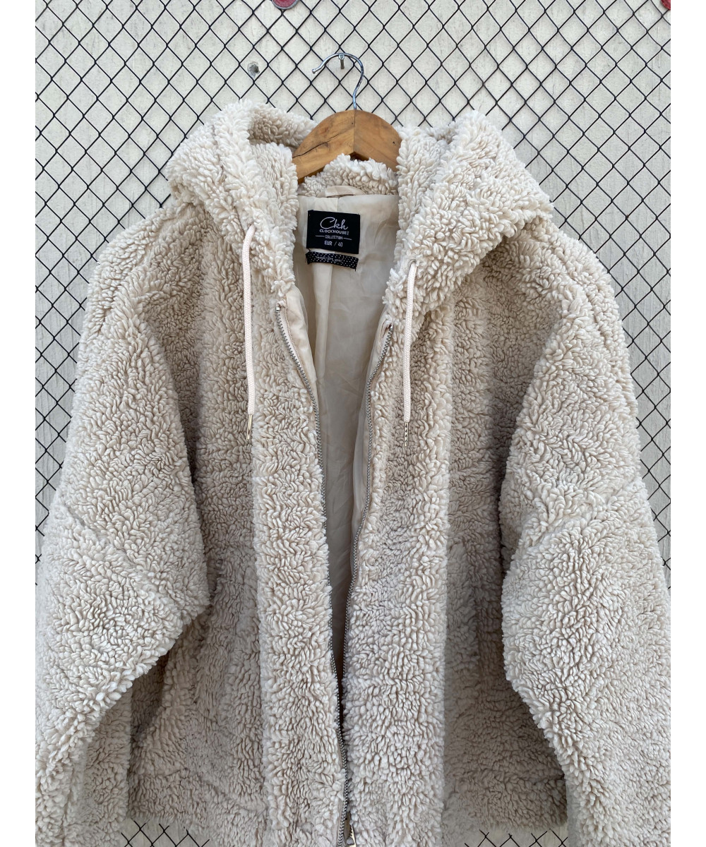 Beige, teddy, hooded, zipper jacket