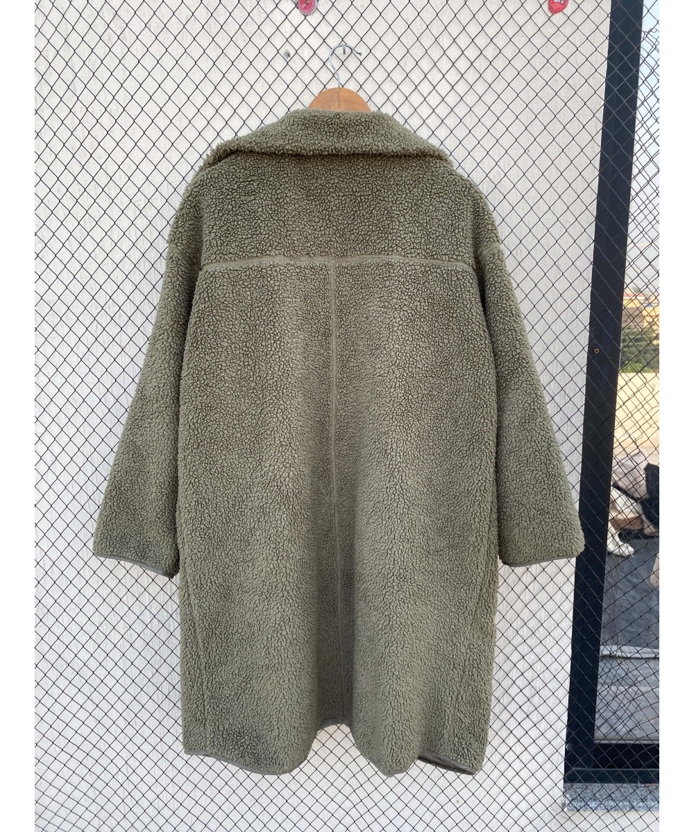 Sage green-colored, long, teddy, zipper jacket