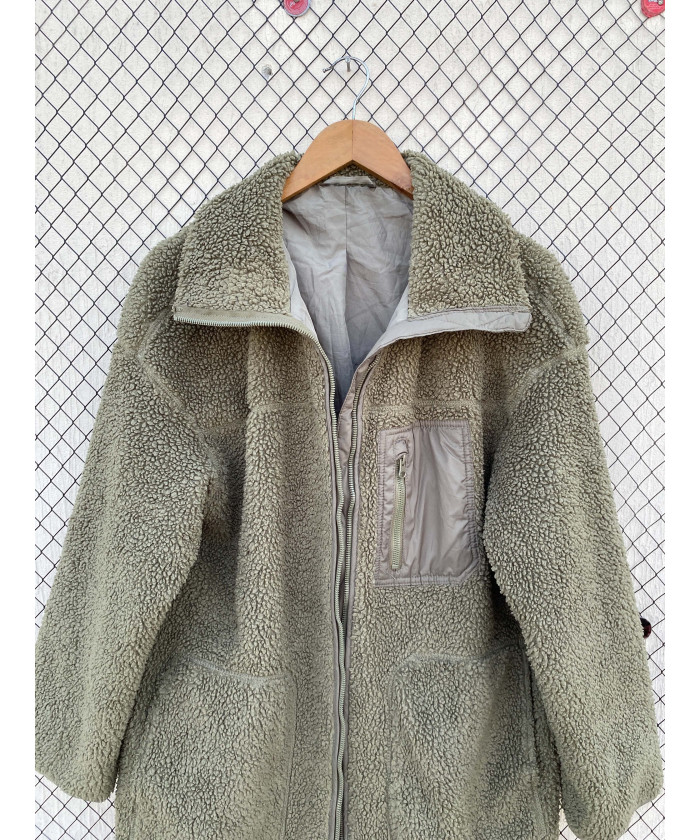 Sage green-colored, long, teddy, zipper jacket