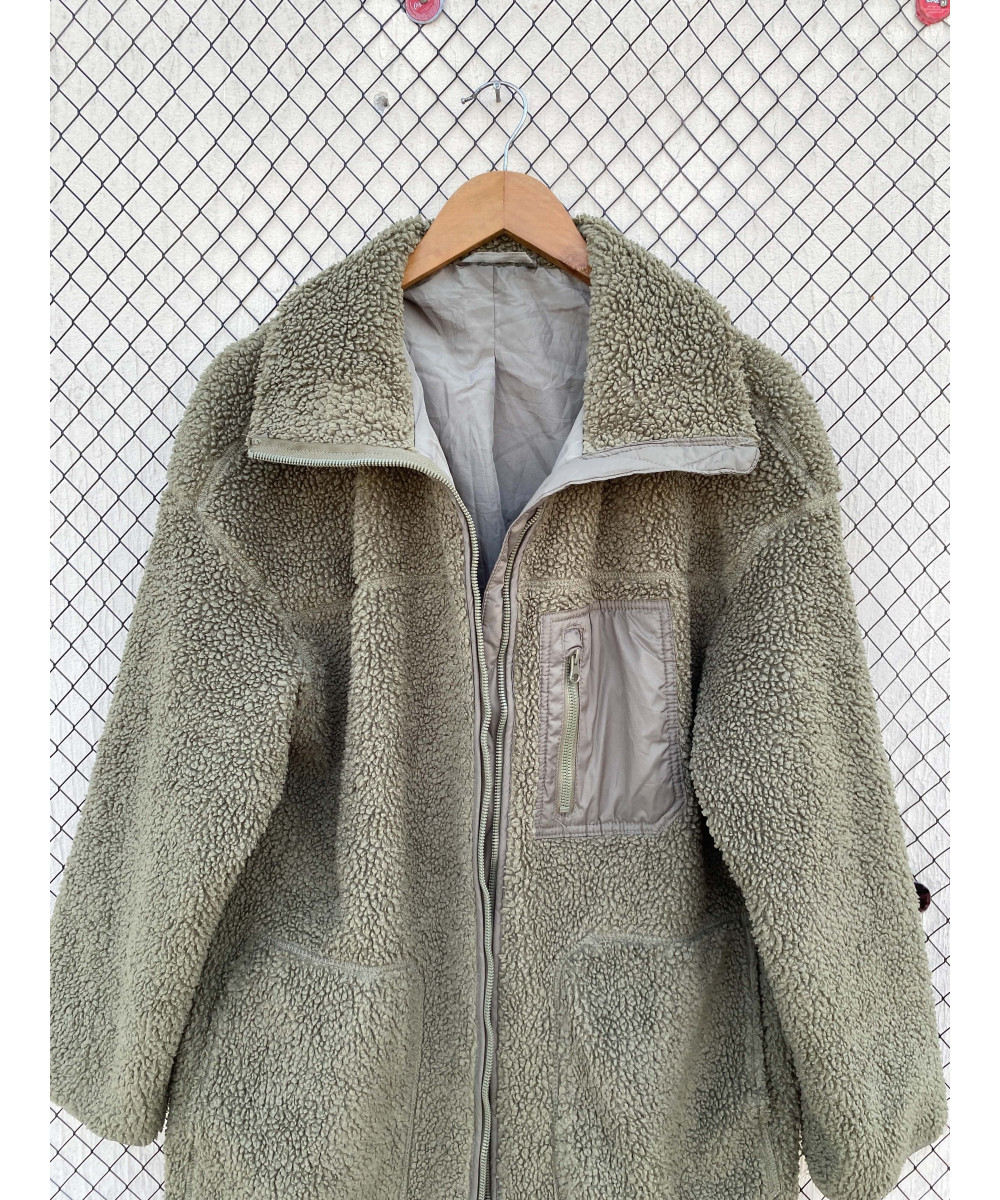 Sage green-colored, long, teddy, zipper jacket