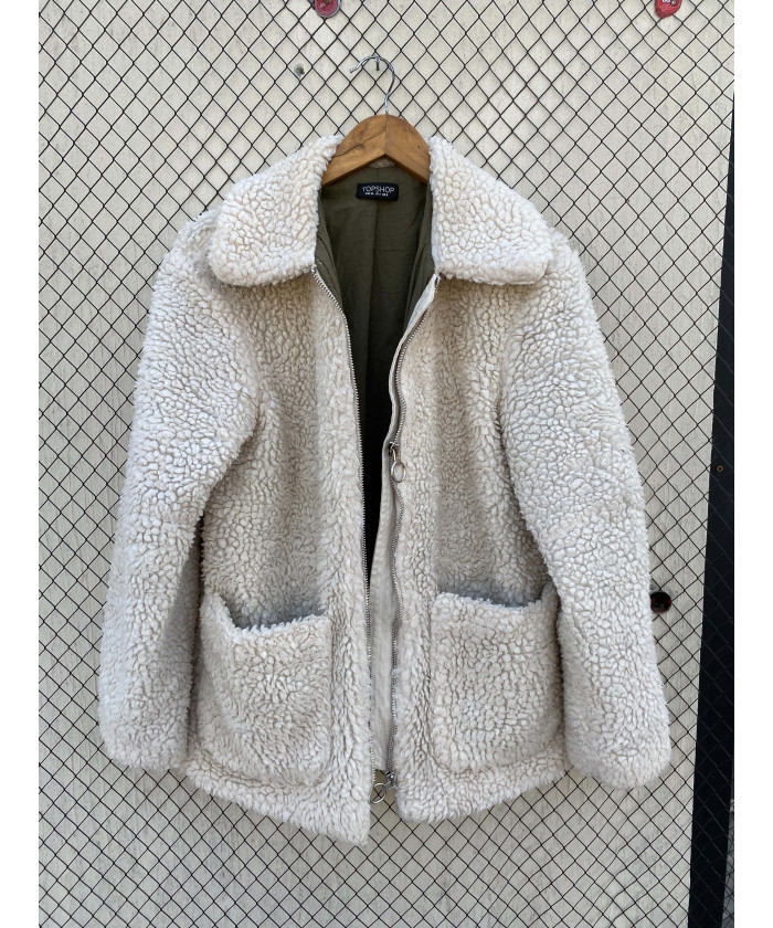 White, teddy, zipper jacket