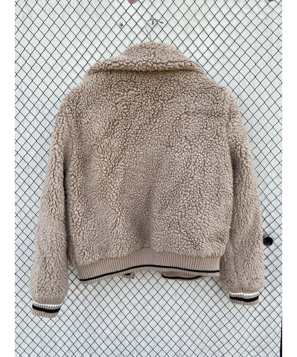 Fawn-colored, teddy, zipper jacket