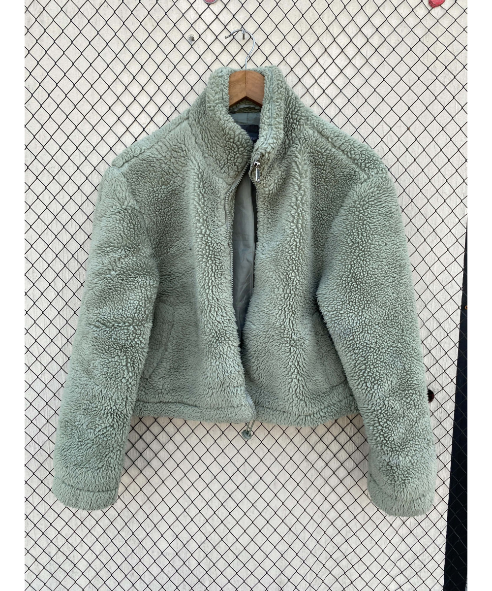 Mint green-colored, teddy, crop jacket
