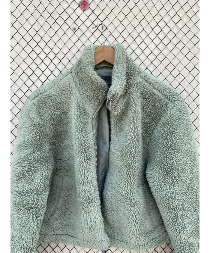 Mint green-colored, teddy, crop jacket