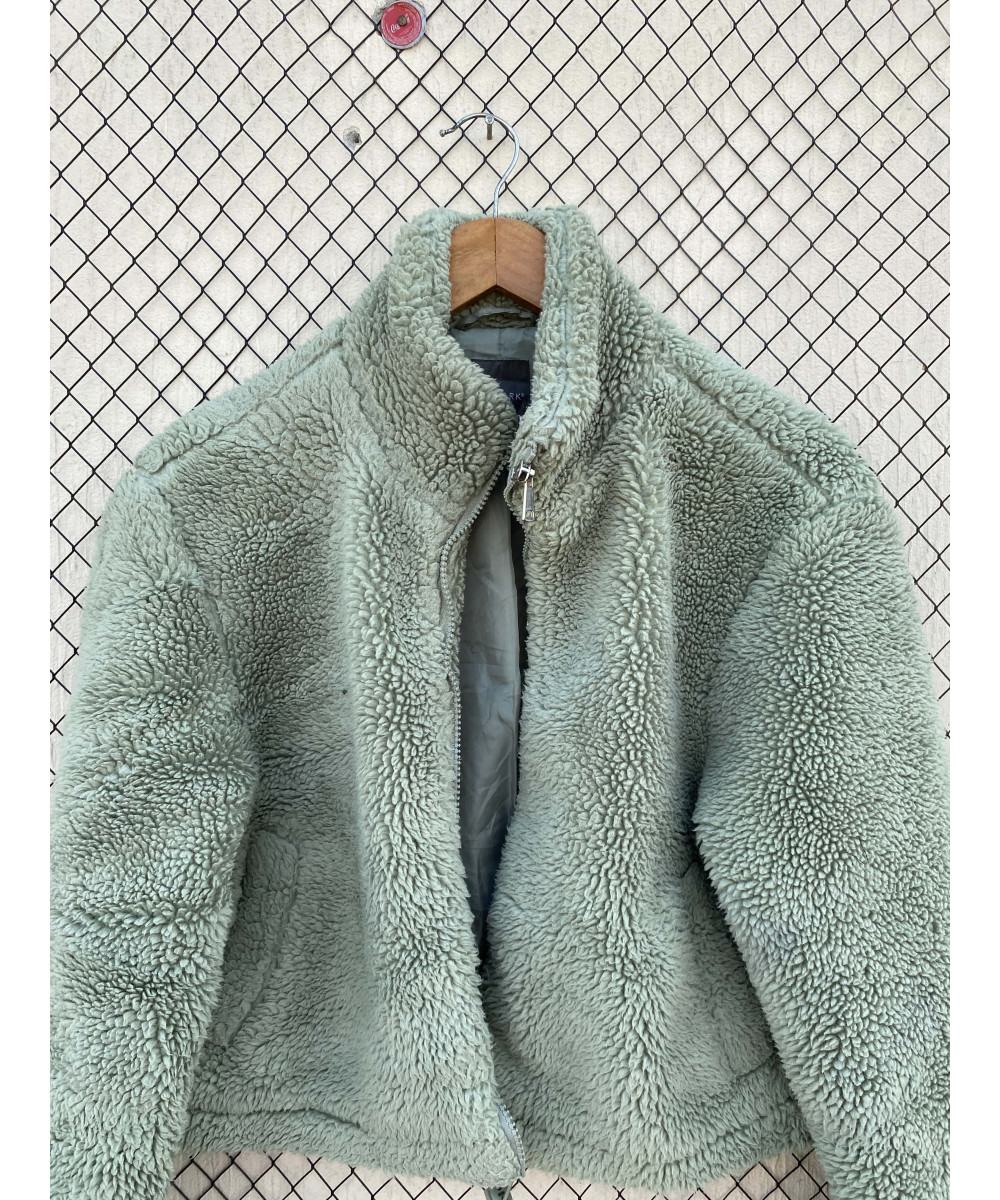 Mint green-colored, teddy, crop jacket
