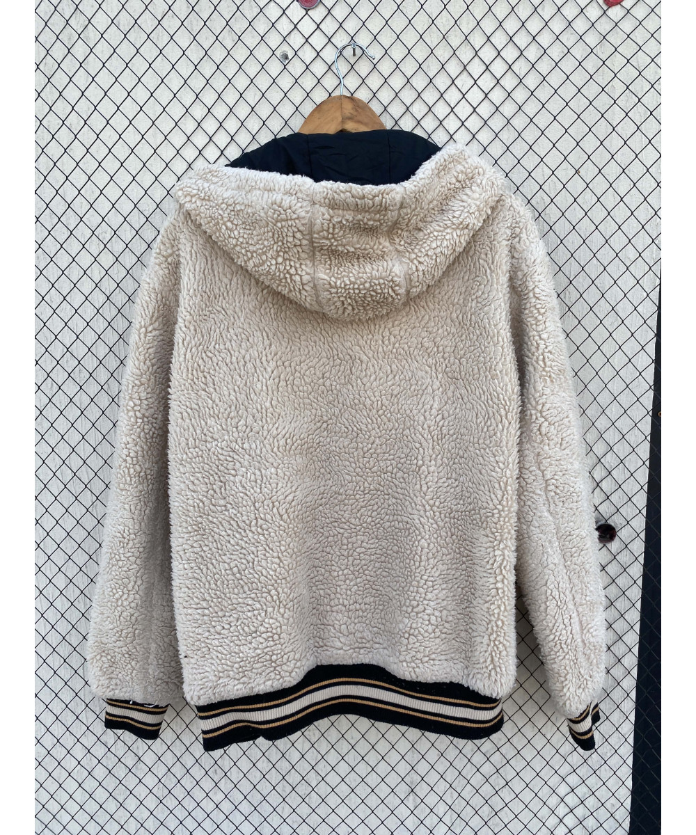 Beige, teddy, hooded, zipper jacket