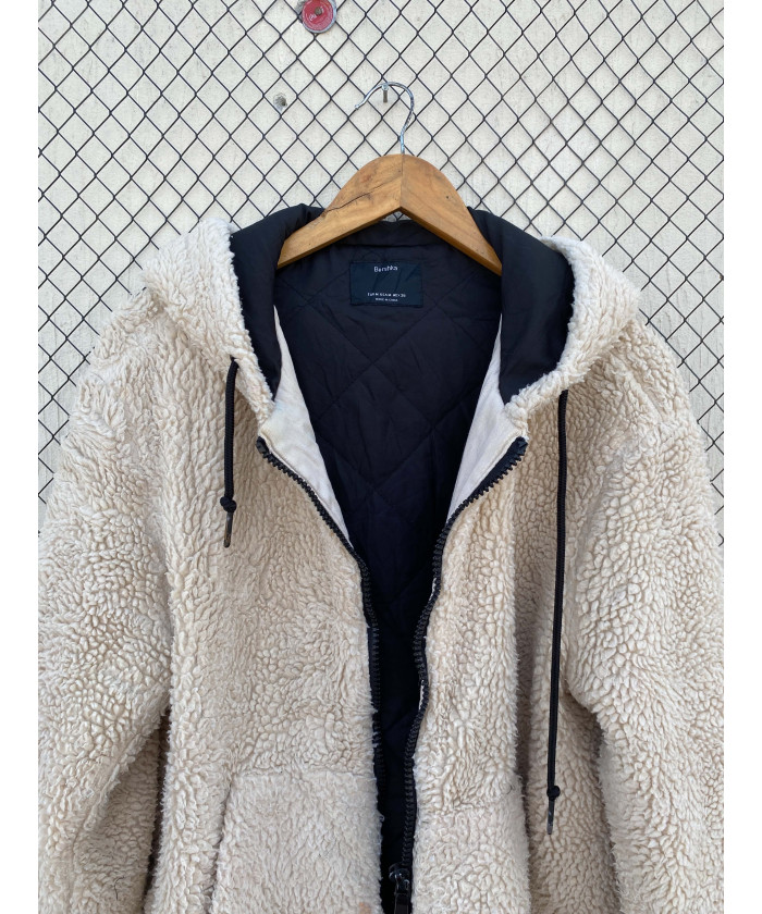 Beige, teddy, hooded, zipper jacket