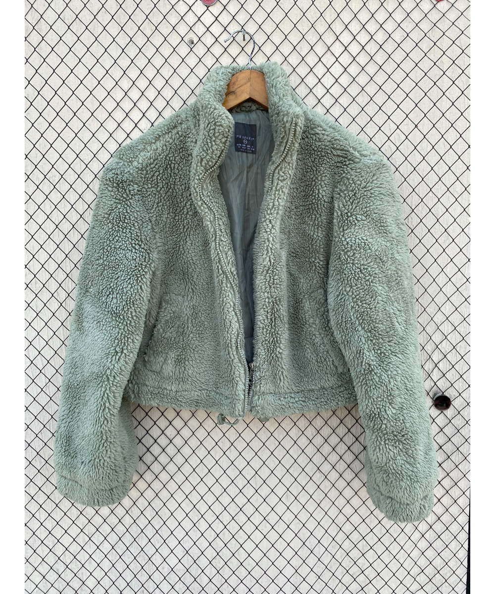 Mint green-colored, crop, teddy, zipper jacket