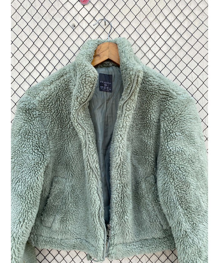 Mint green-colored, crop, teddy, zipper jacket