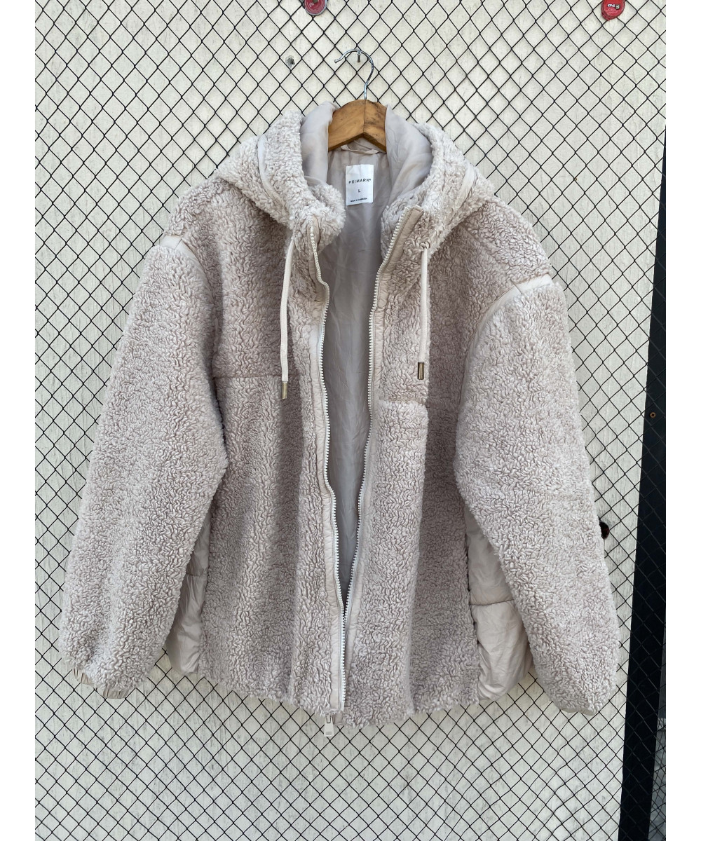 Ash white-colored, teddy, hooded, zipper jacket