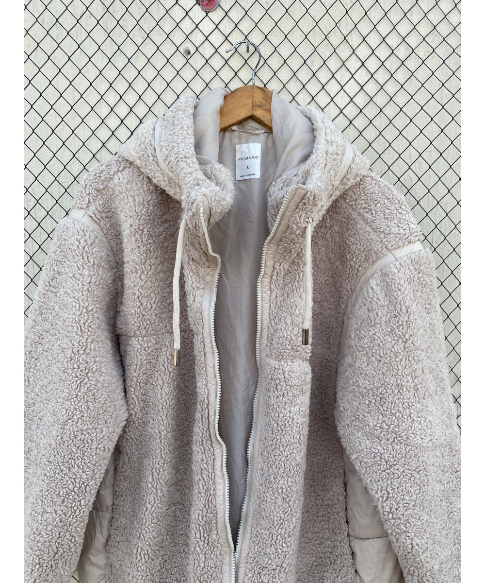 Ash white-colored, teddy, hooded, zipper jacket