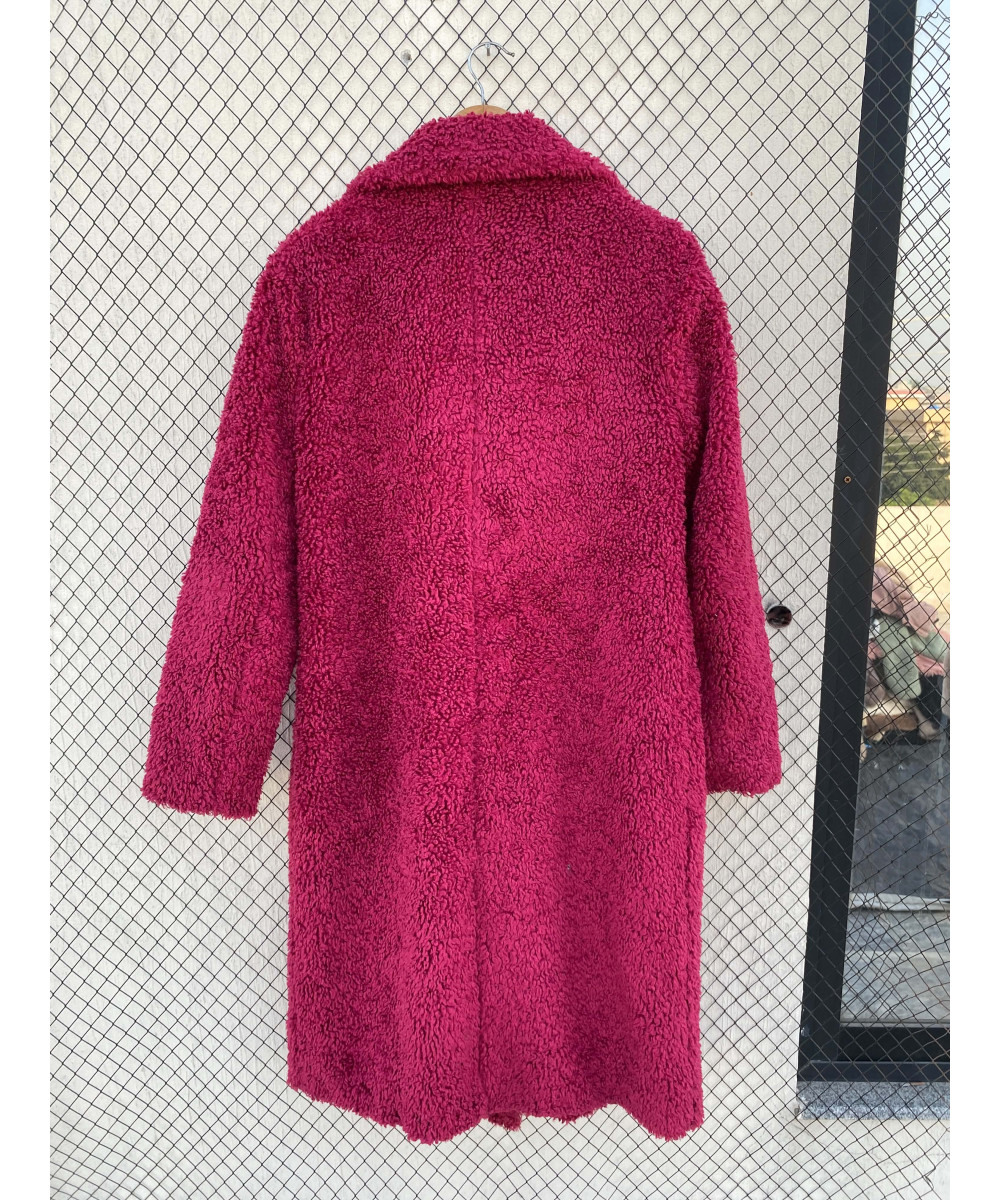 Hot pink-colored, long, teddy coat