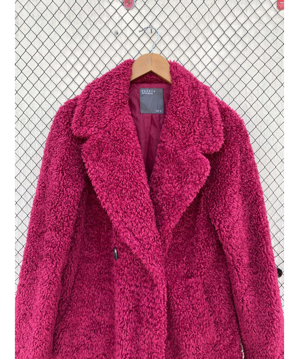 Hot pink-colored, long, teddy coat