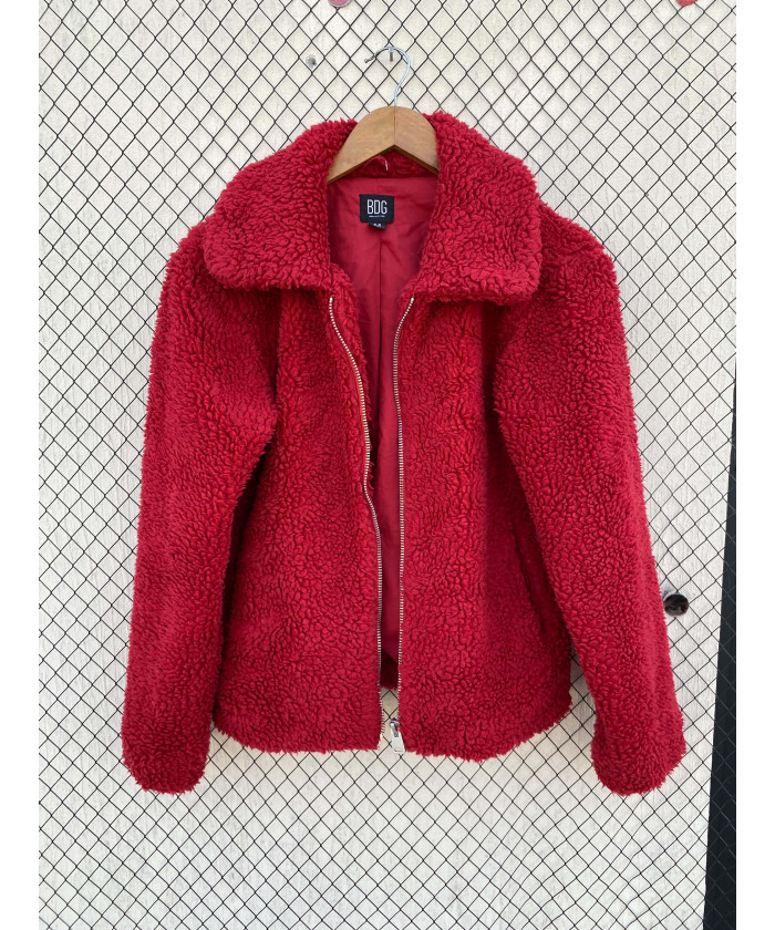 Red, teddy, zipper jacket