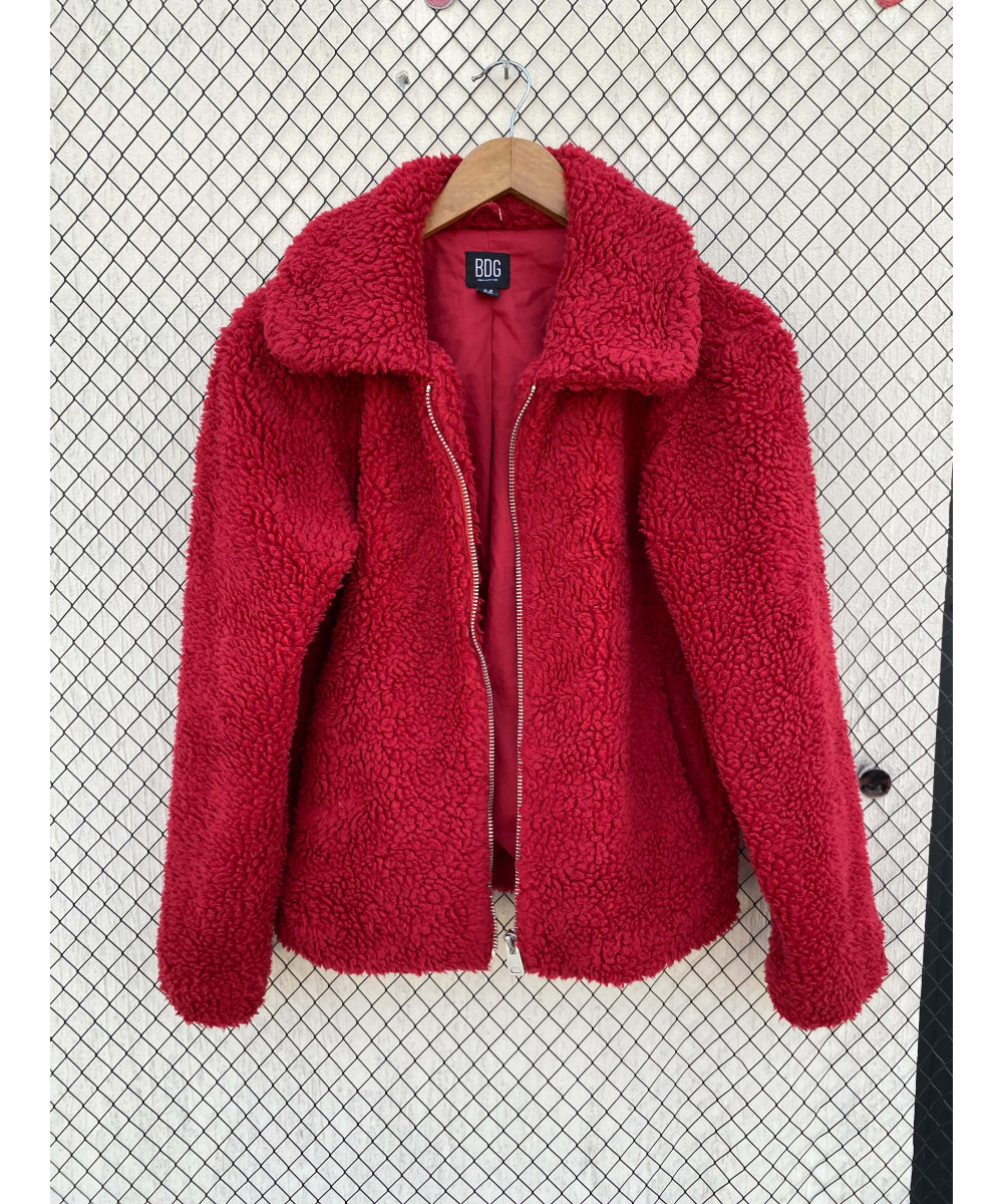 Red, teddy, zipper jacket