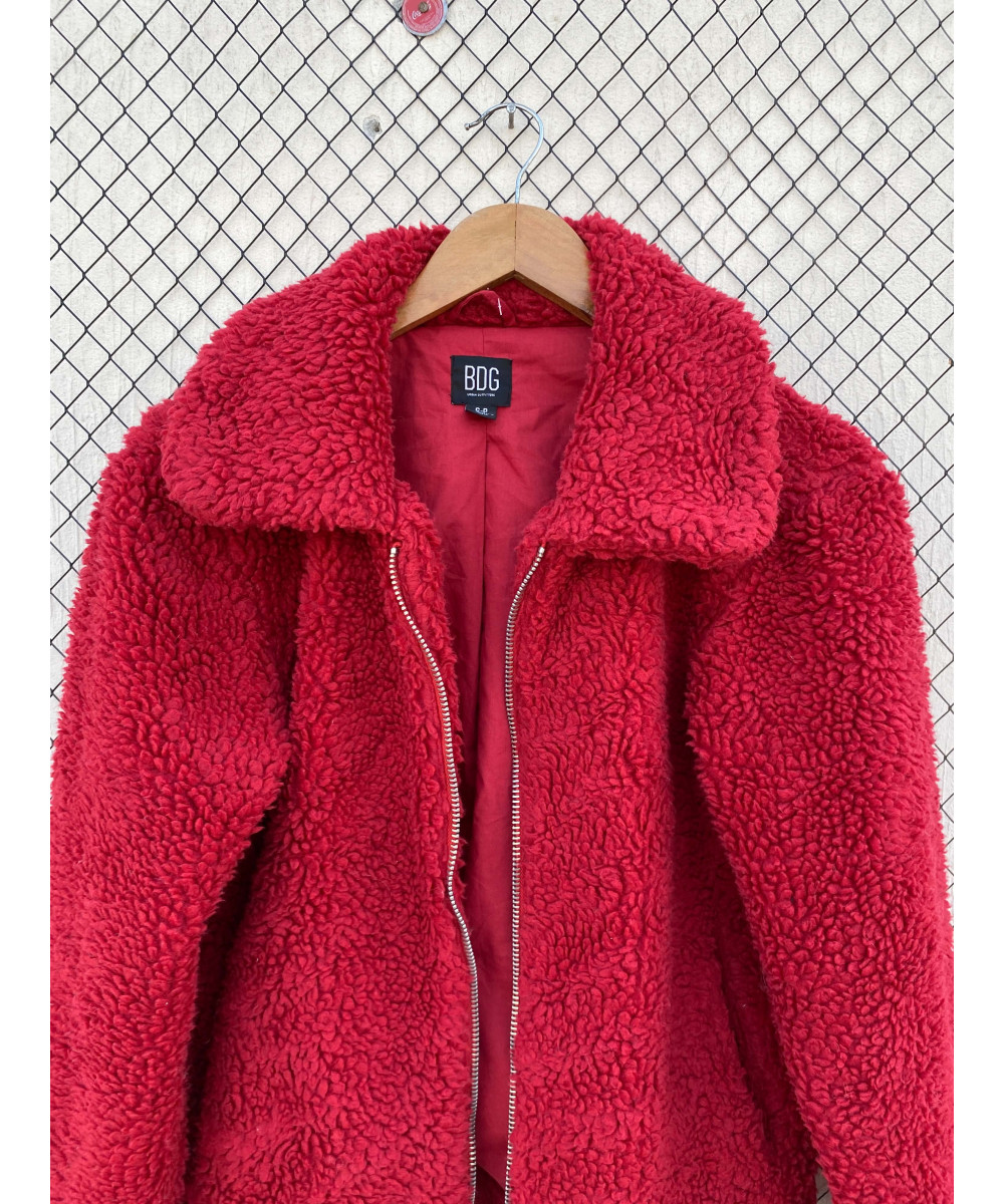 Red, teddy, zipper jacket