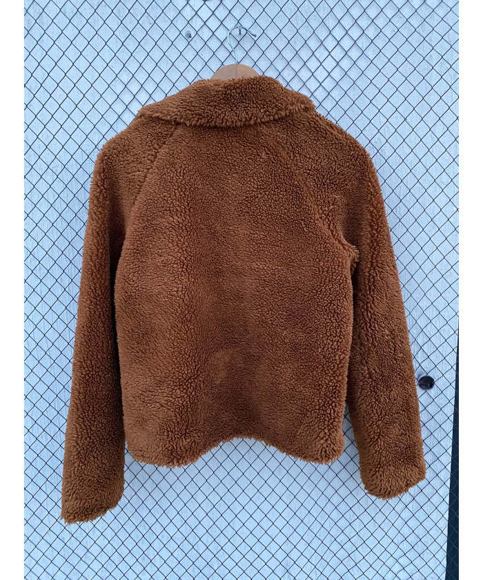 Rust brown-colored, teddy, button-up jacket