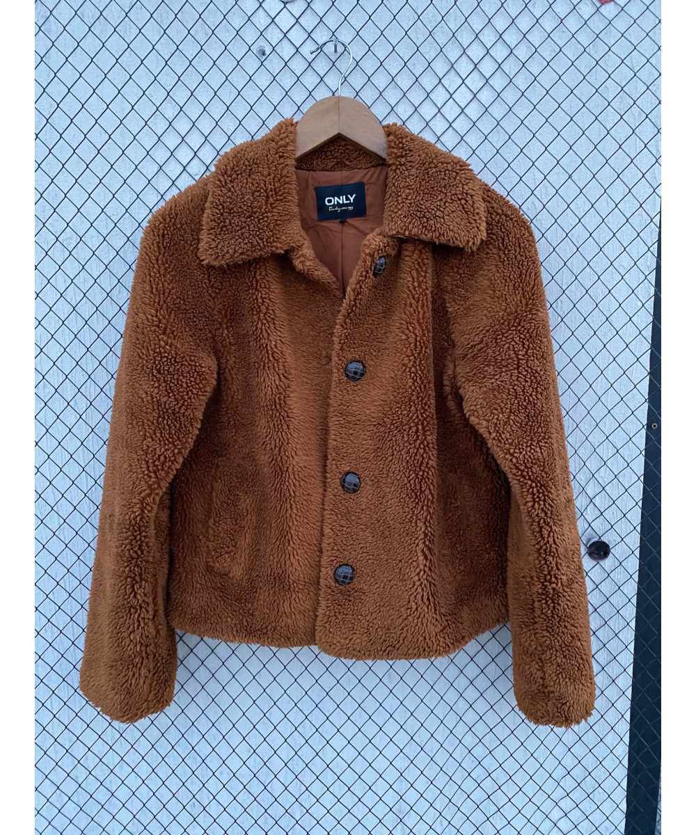 Rust brown-colored, teddy, button-up jacket